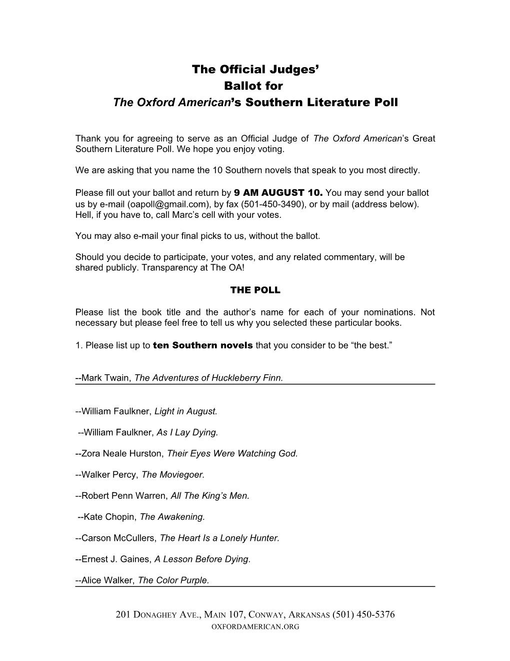 Official Ballot for Judges of the Oxford American Southern Literature Poll
