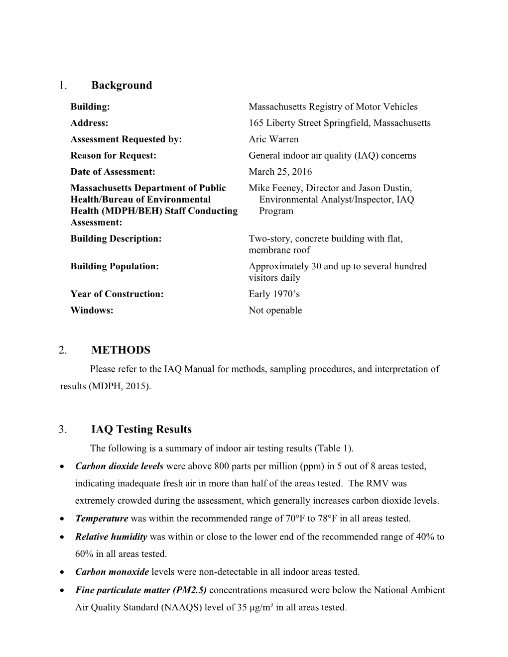 Indoor Air Quality Assessment - Registry of Motor Vehicles, Springfield - May 2016