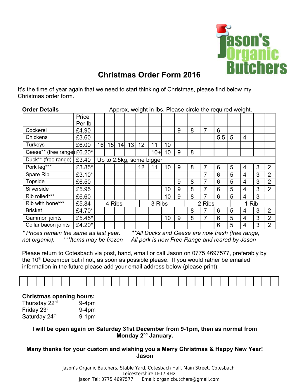Once Again the Elmhurst Organic Farm Christmas Order Form 2005