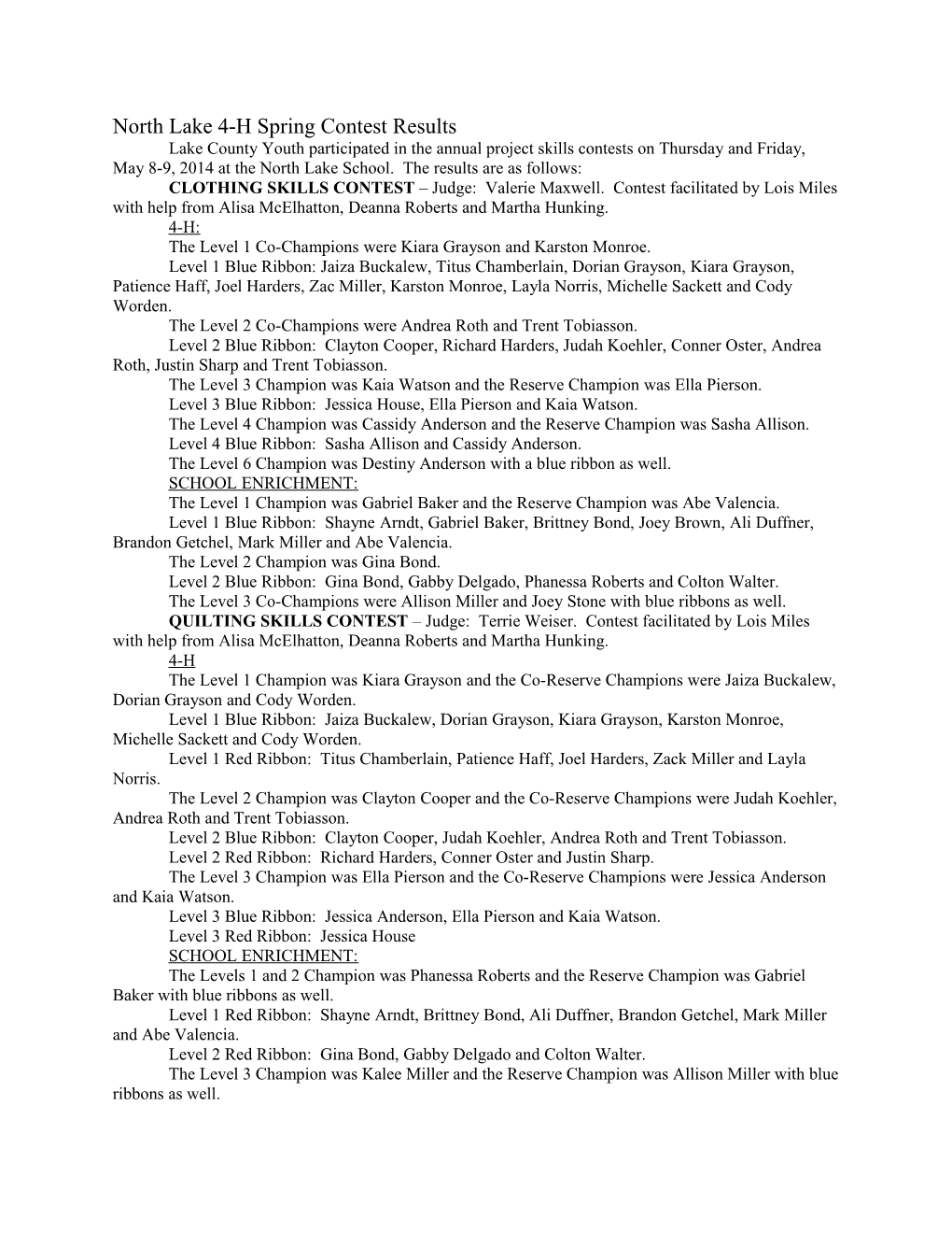 North Lake 4-H Spring Contest Results