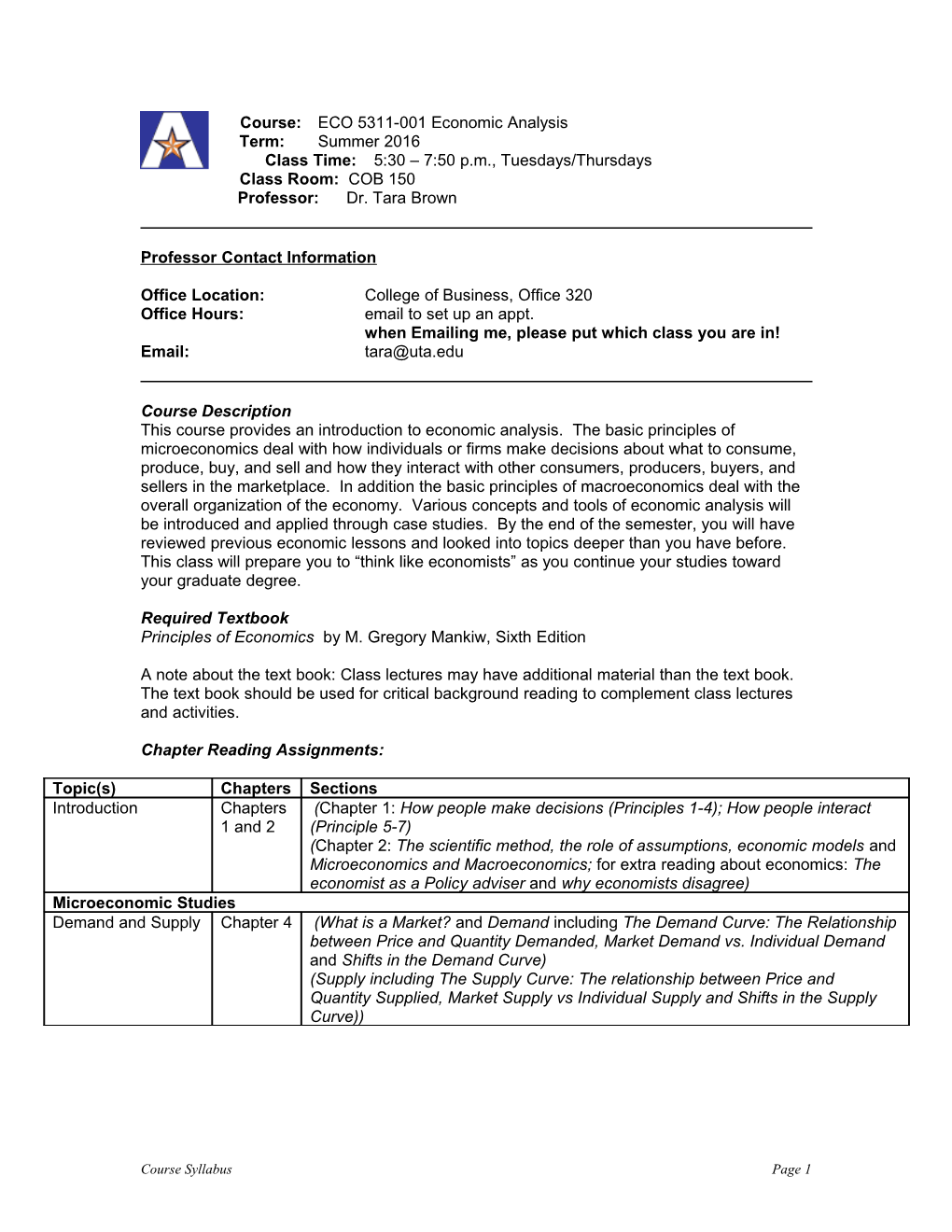 Course: ECO 5311-001 Economic Analysis