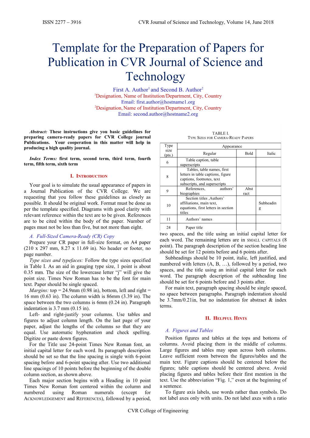 ISSN 2277 3916 CVR Journal of Science and Technology, Volume 14, June 2018