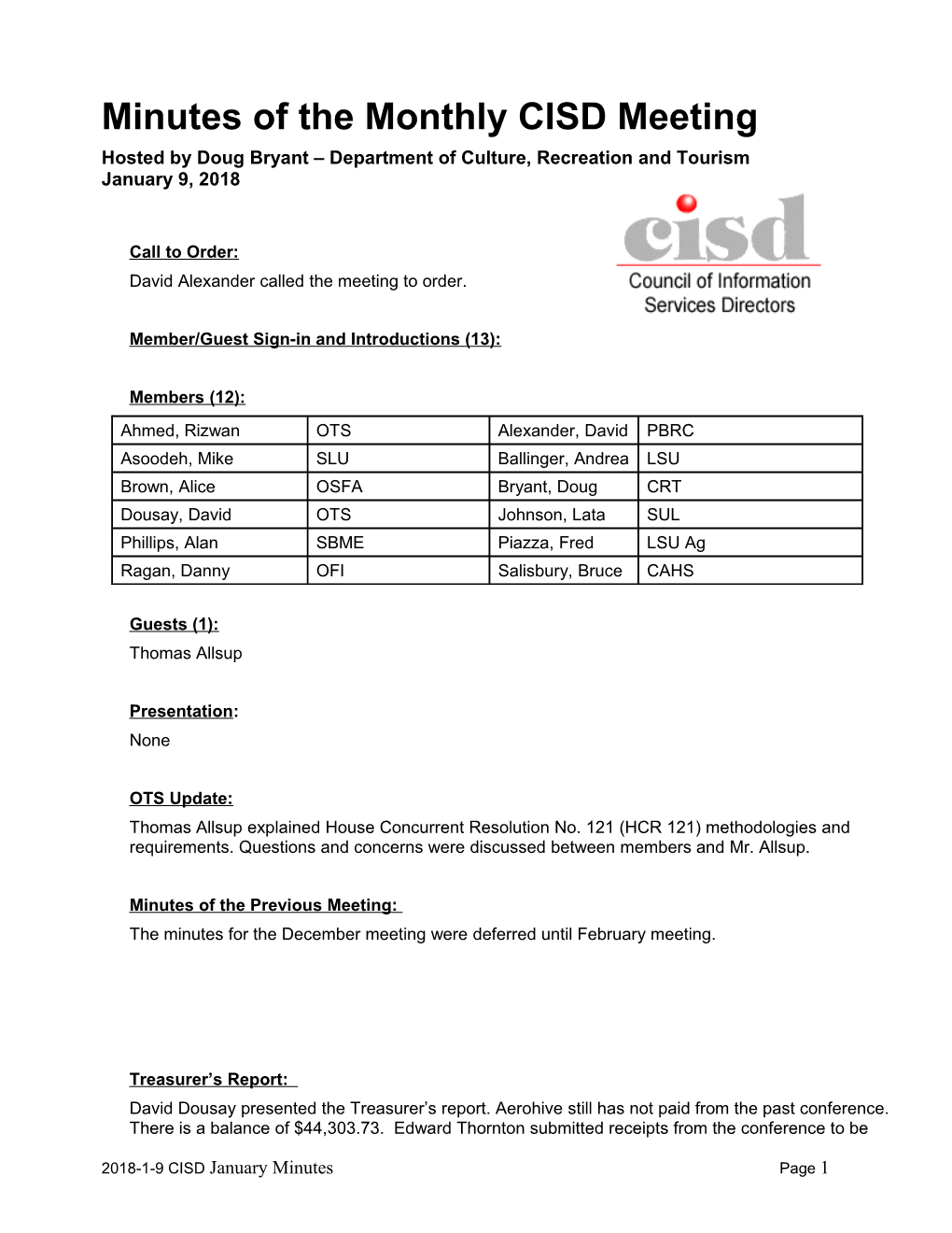 Minutes of the Monthly CISD Meeting