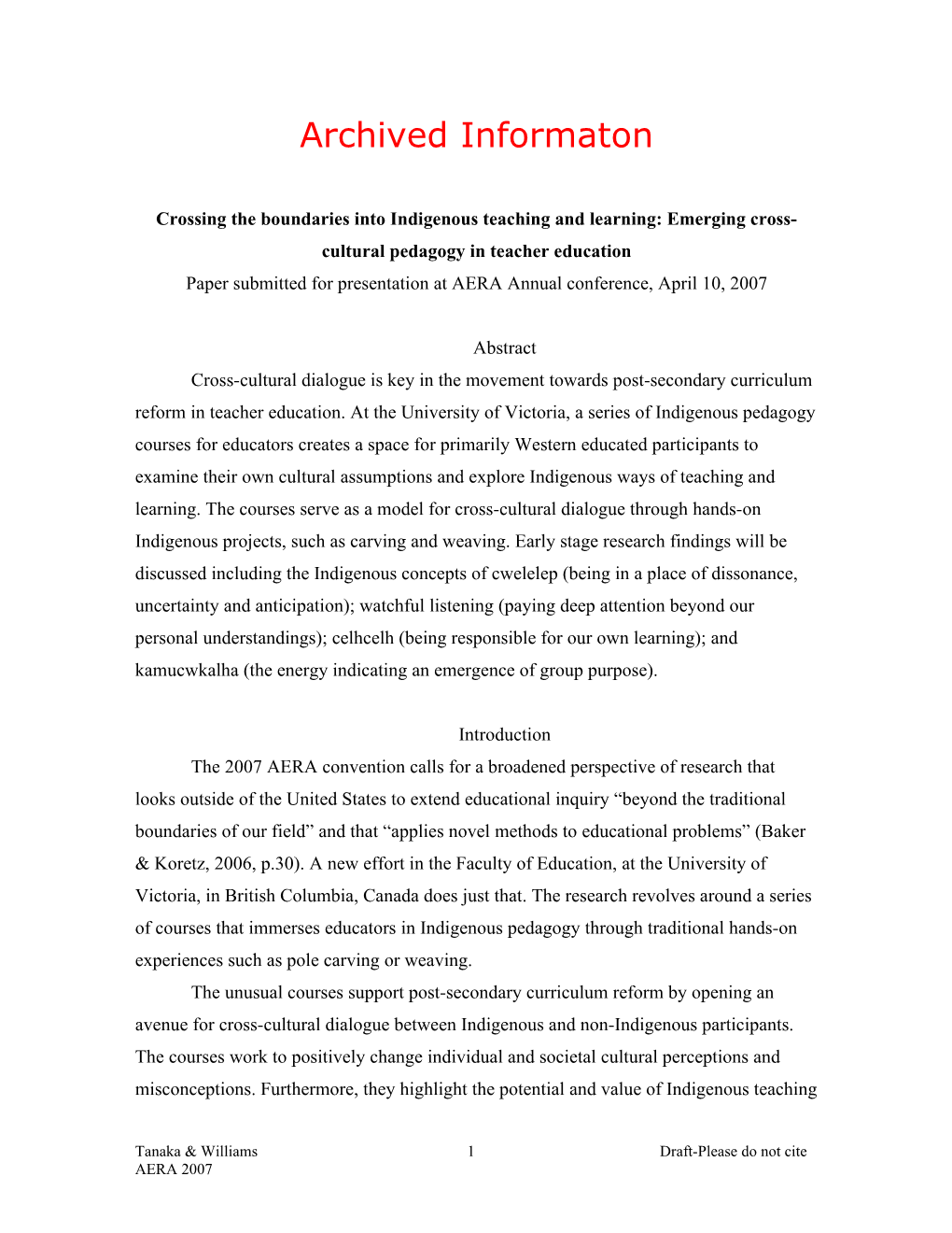 Archived: Crossing the Boundaries Into Indigenous Teaching and Learning: Emerging Cross-Cultural