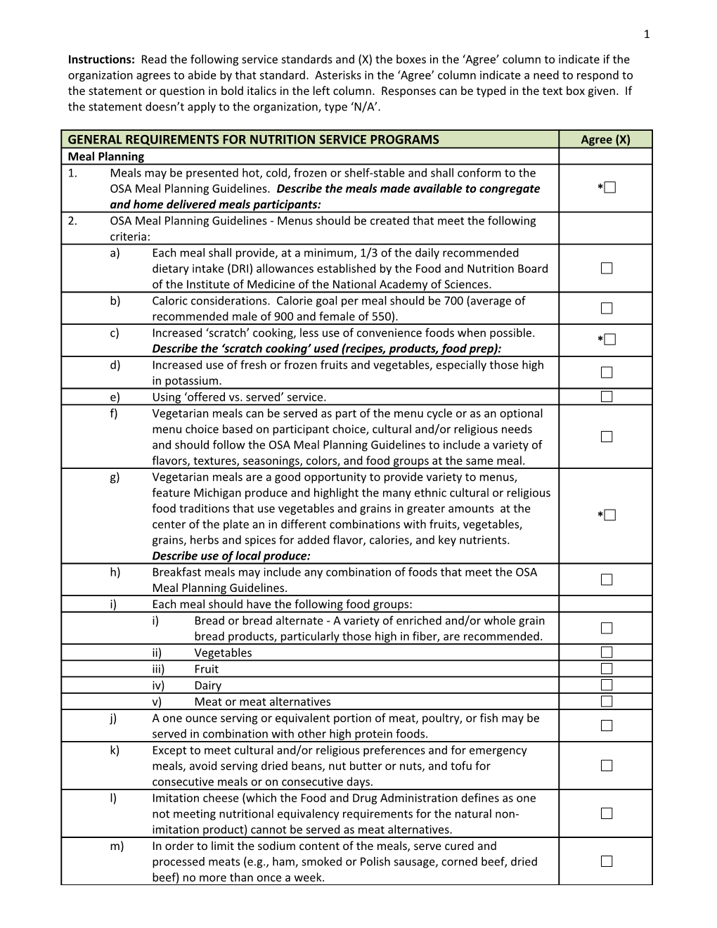 Instructions: Read the Following Service Standards and (X) the Boxes in the Agree Column