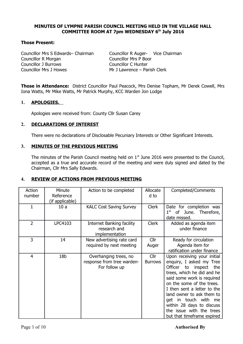 MINUTES of LYMPNE PARISH COUNCIL MEETING HELD in the VILLAGE HALL COMMITTEE ROOM at 7Pm