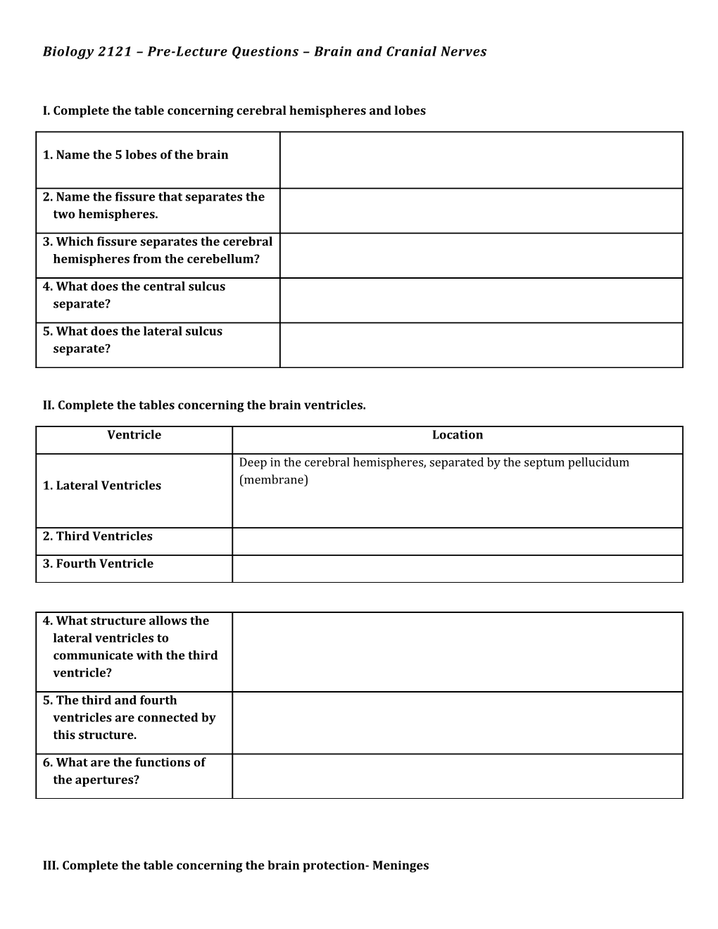 Biology 2121 Pre-Lecture Questions Brain and Cranial Nerves