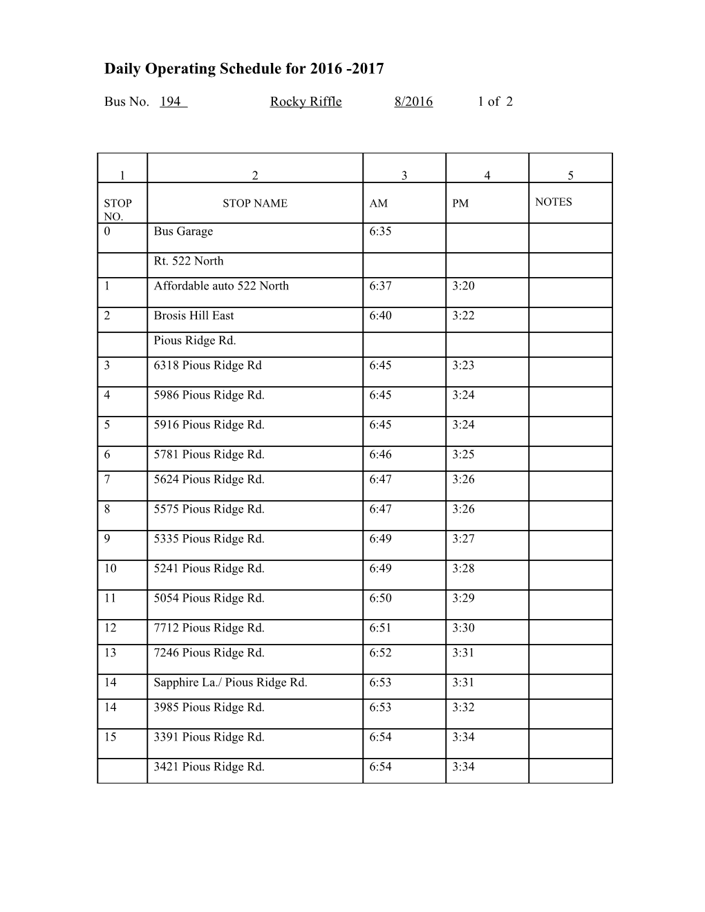 Daily Operating Schedule for 2016 -2017