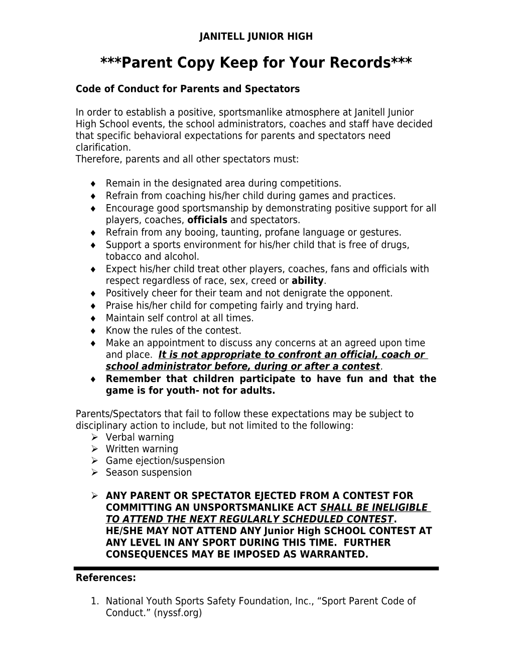 Code of Conduct for Parents and Spectators