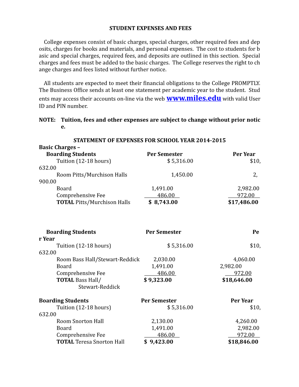 Student Expenses and Fees