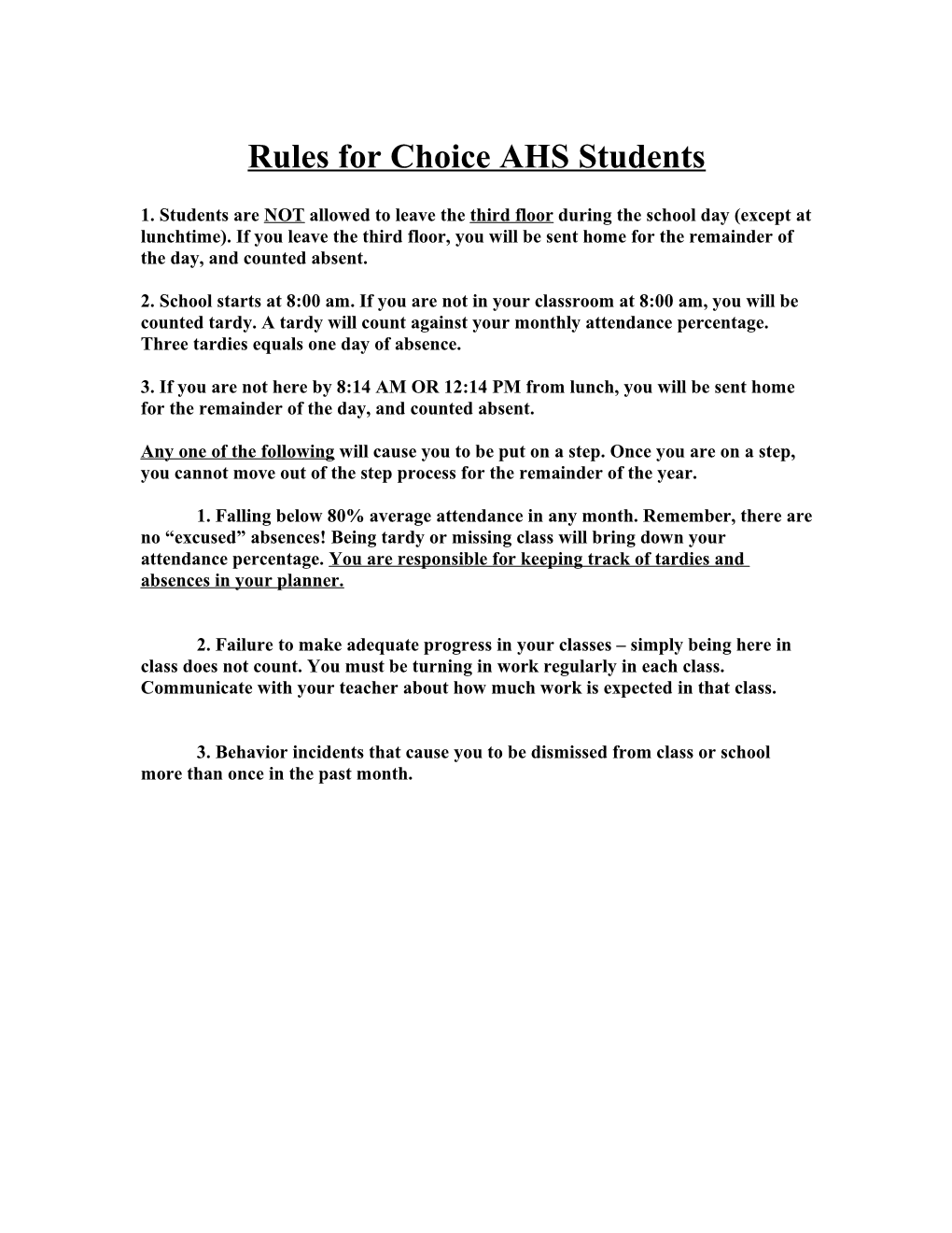 Rules for Choice AHS Students