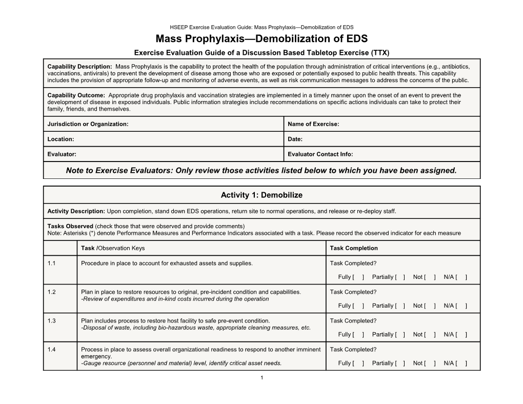 HSEEP Exercise Evaluation Guide: Mass Prophylaxis Demobilization of EDS
