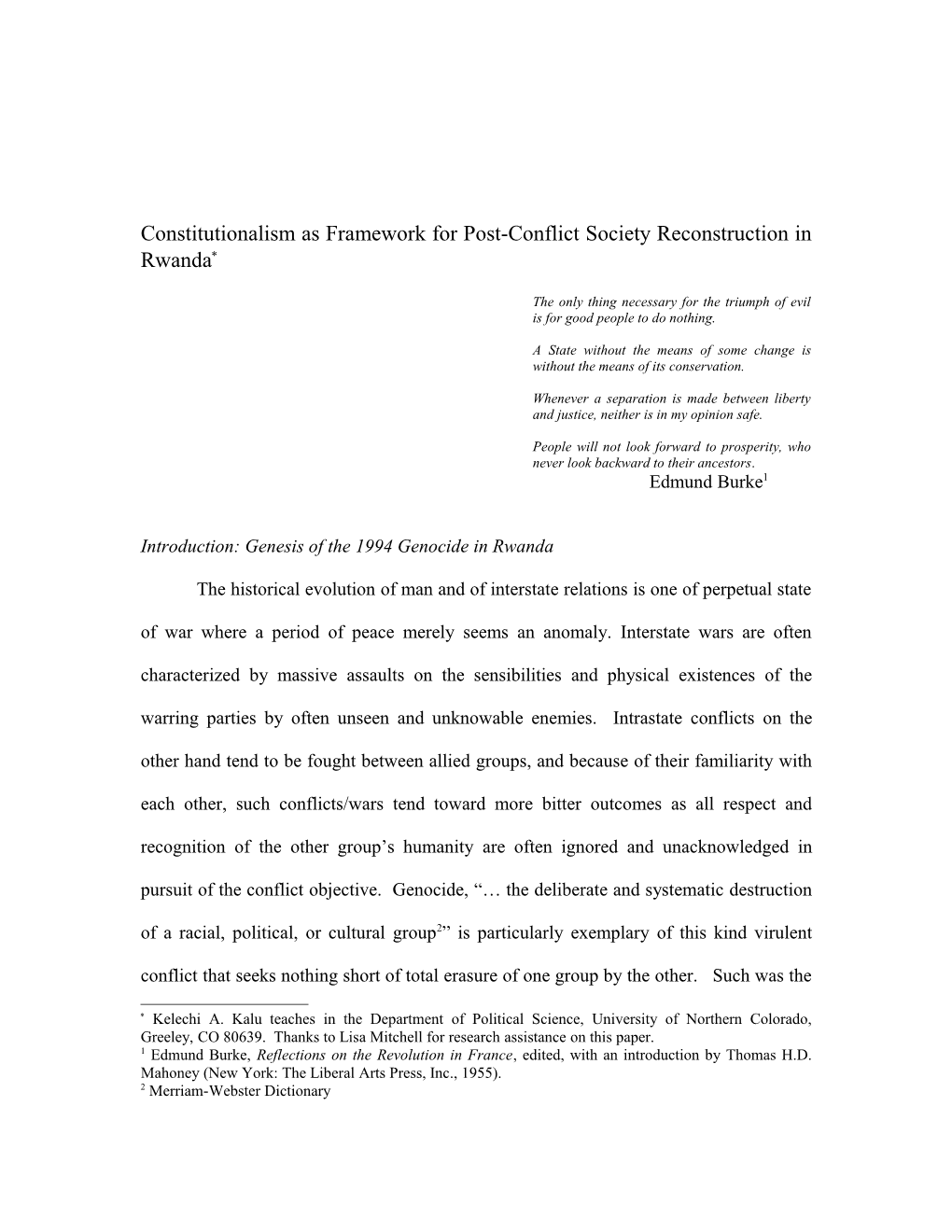 Constitutionalism As Framework for Post-Conflict Society Reconstruction in Rwanda