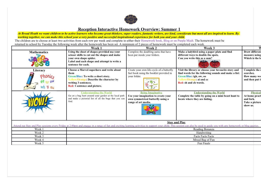 Reception Interactive Homework Overview: Summer 1