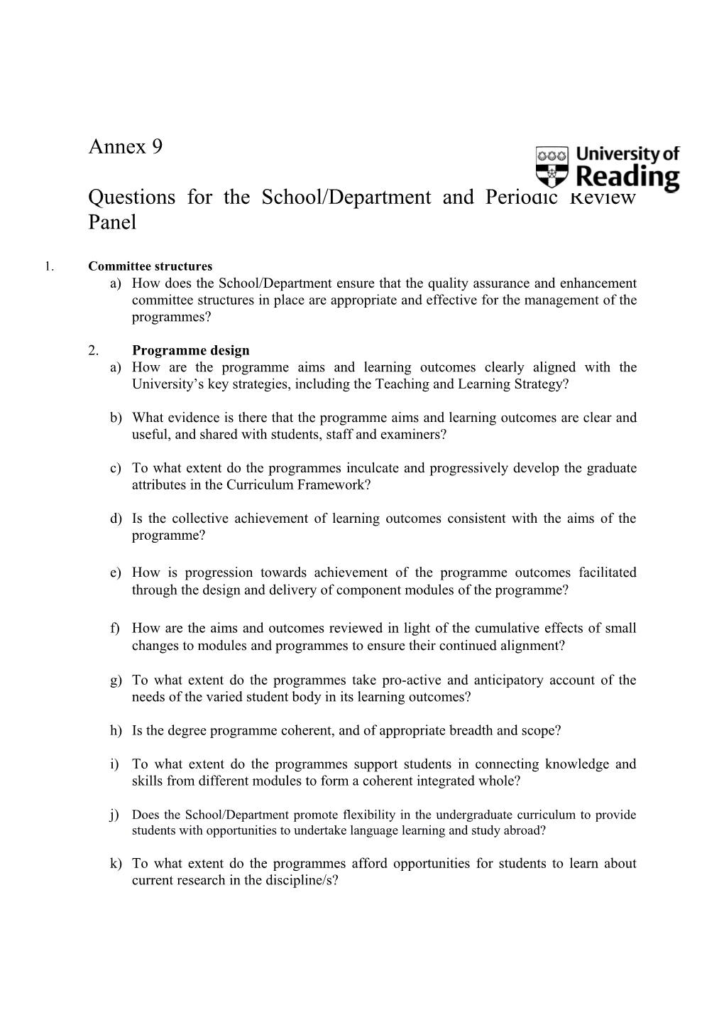 Questions for the School/Department and Periodic Review Panel