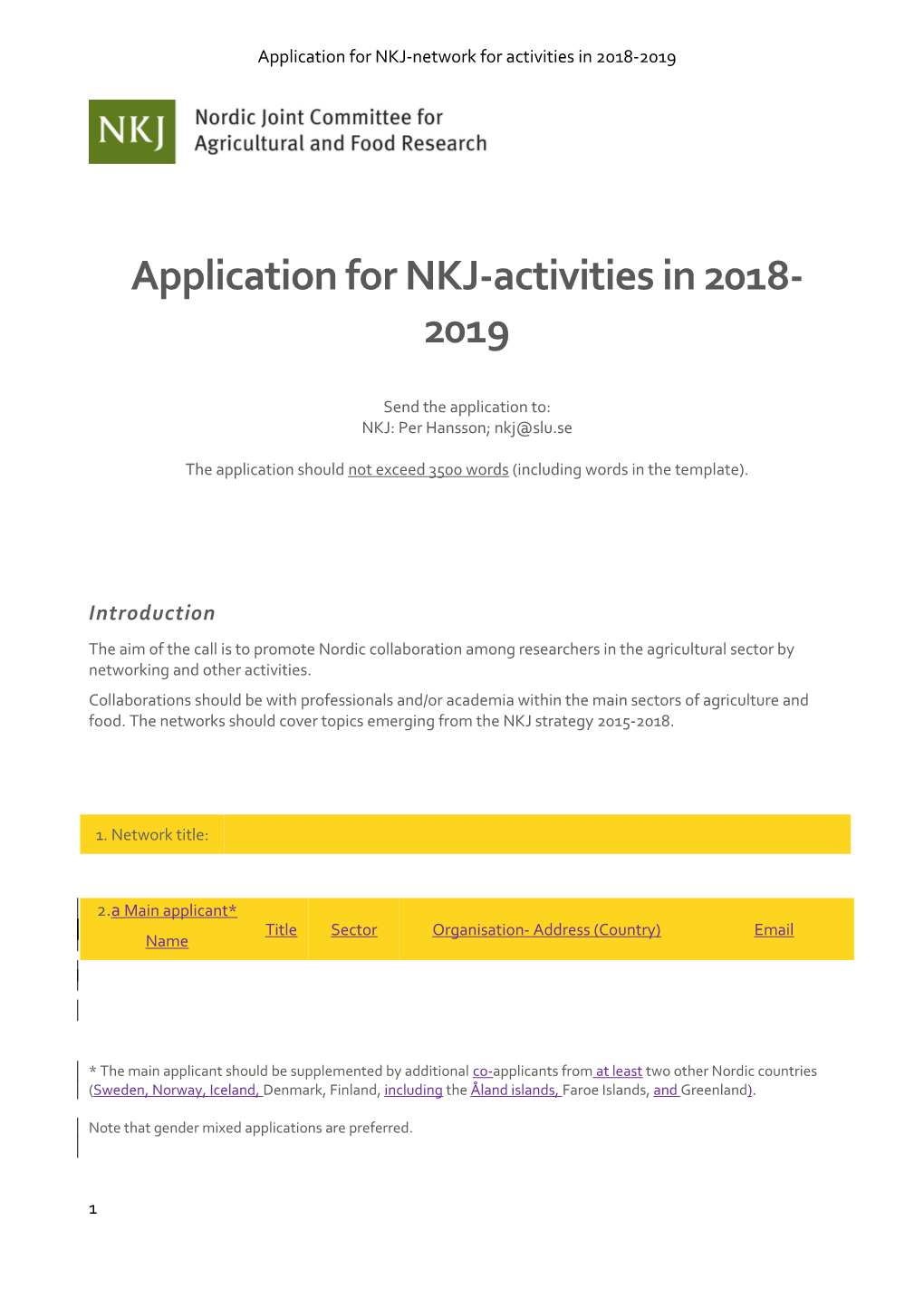 Application for NKJ-Network for Activities in 2018-2019