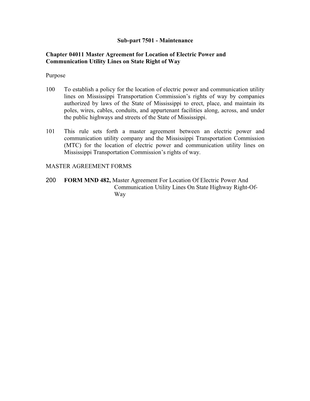 Master Agreement for Location of Electric Power and Communication Utility Lines
