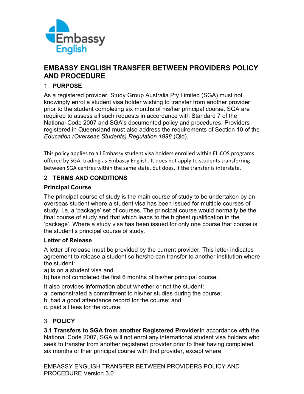 Embassy English Transfer Between Providers Policy and Procedure
