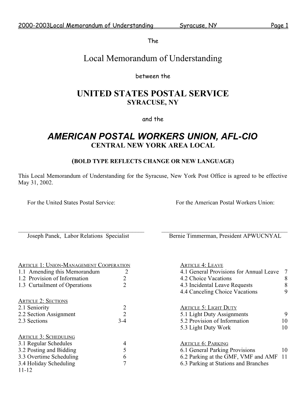 2000-2003Local Memorandum of Understanding Syracuse, NY Page 1