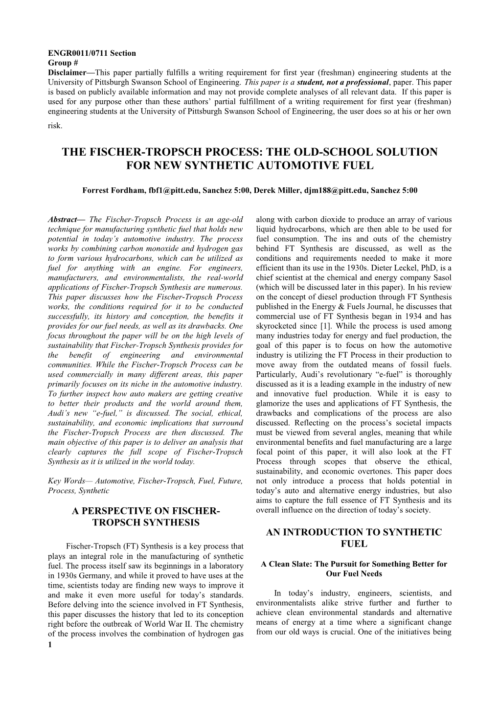 The Fischer-Tropsch Process: the Old-School Solution for New Synthetic Automotive Fuel