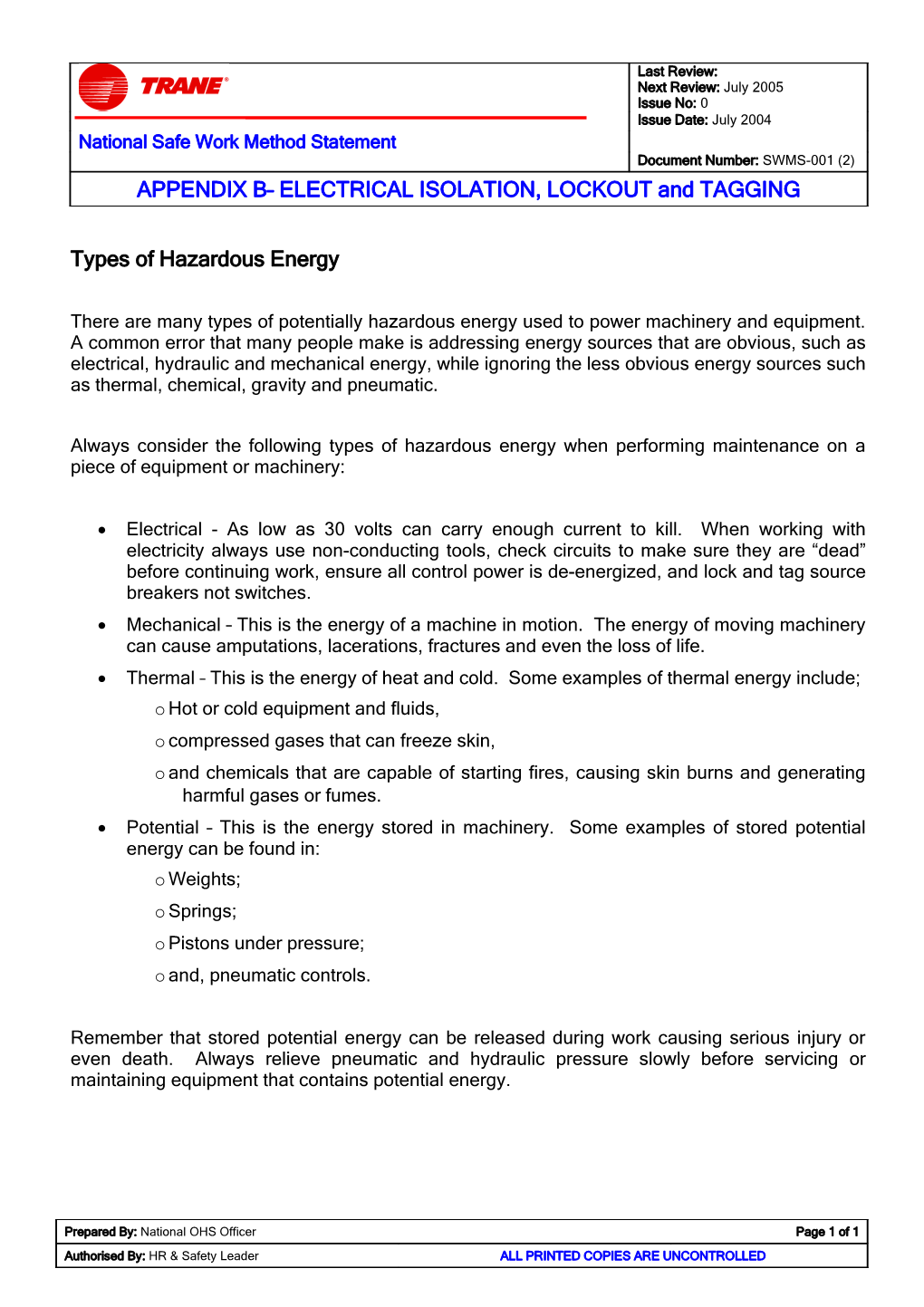 Types of Hazardous Energy