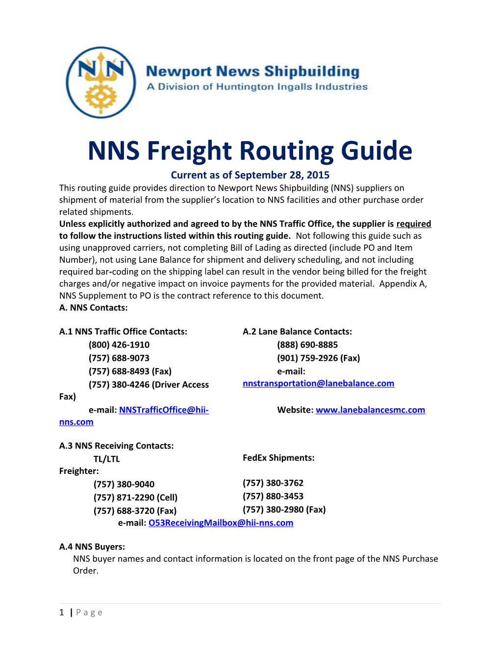 NNS Freight Routing Guide