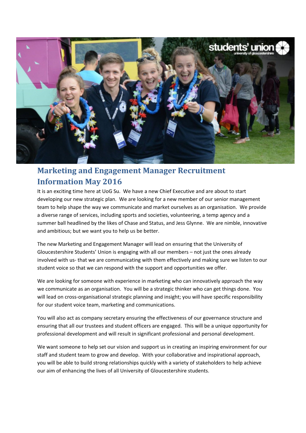 Marketing and Engagement Manager Recruitment Information May 2016