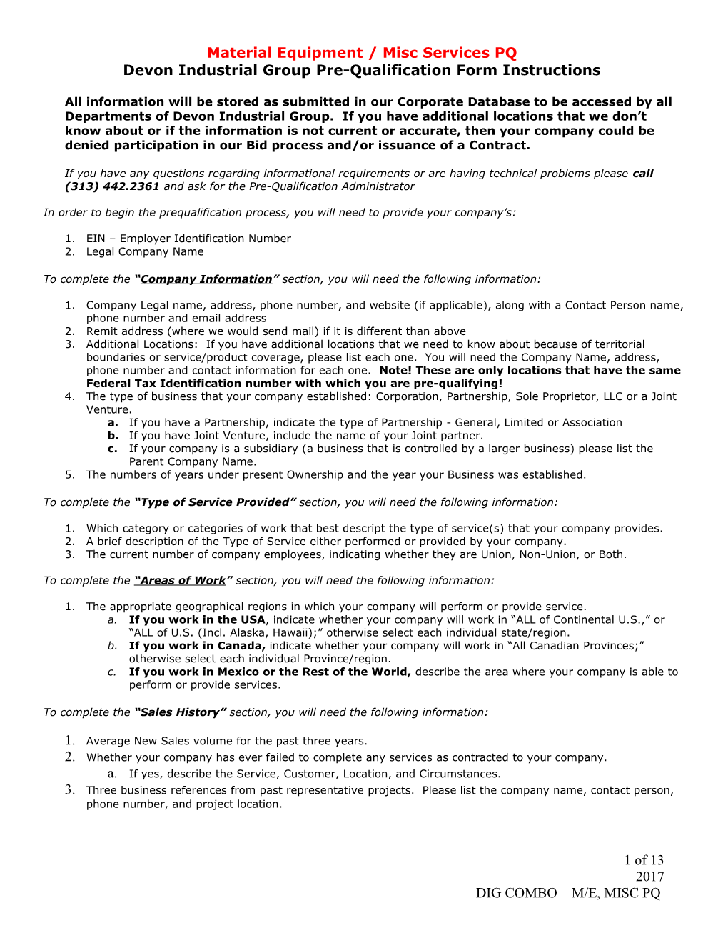 Pre-Qualification Form Instructions (Material/Equip