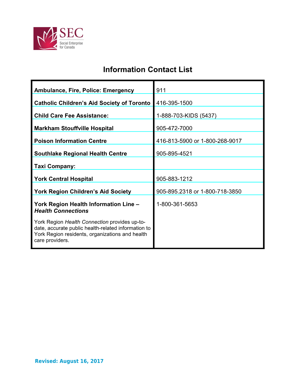 Information Contact List
