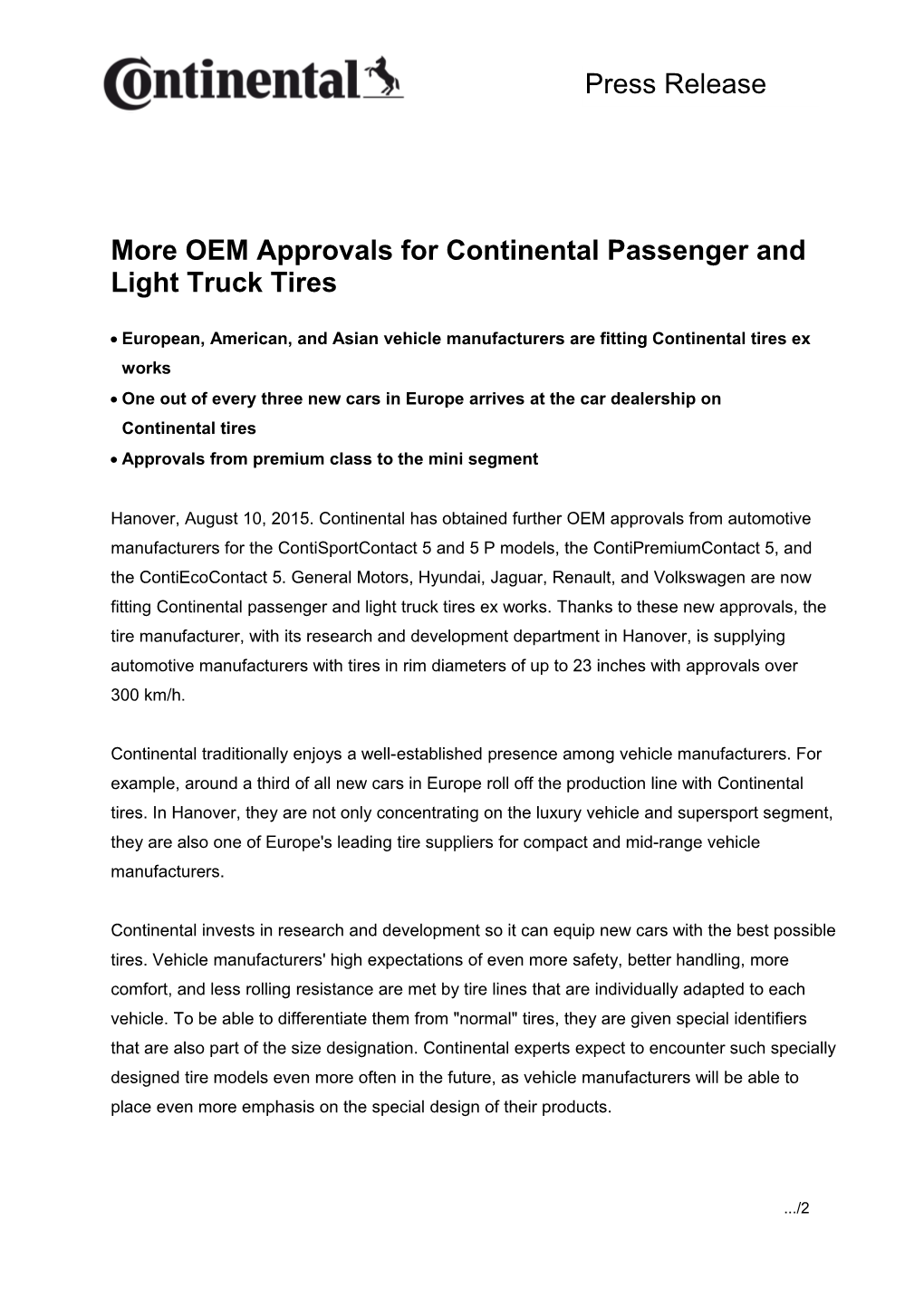More OEM Approvals for Continental Passenger and Light Truck Tires