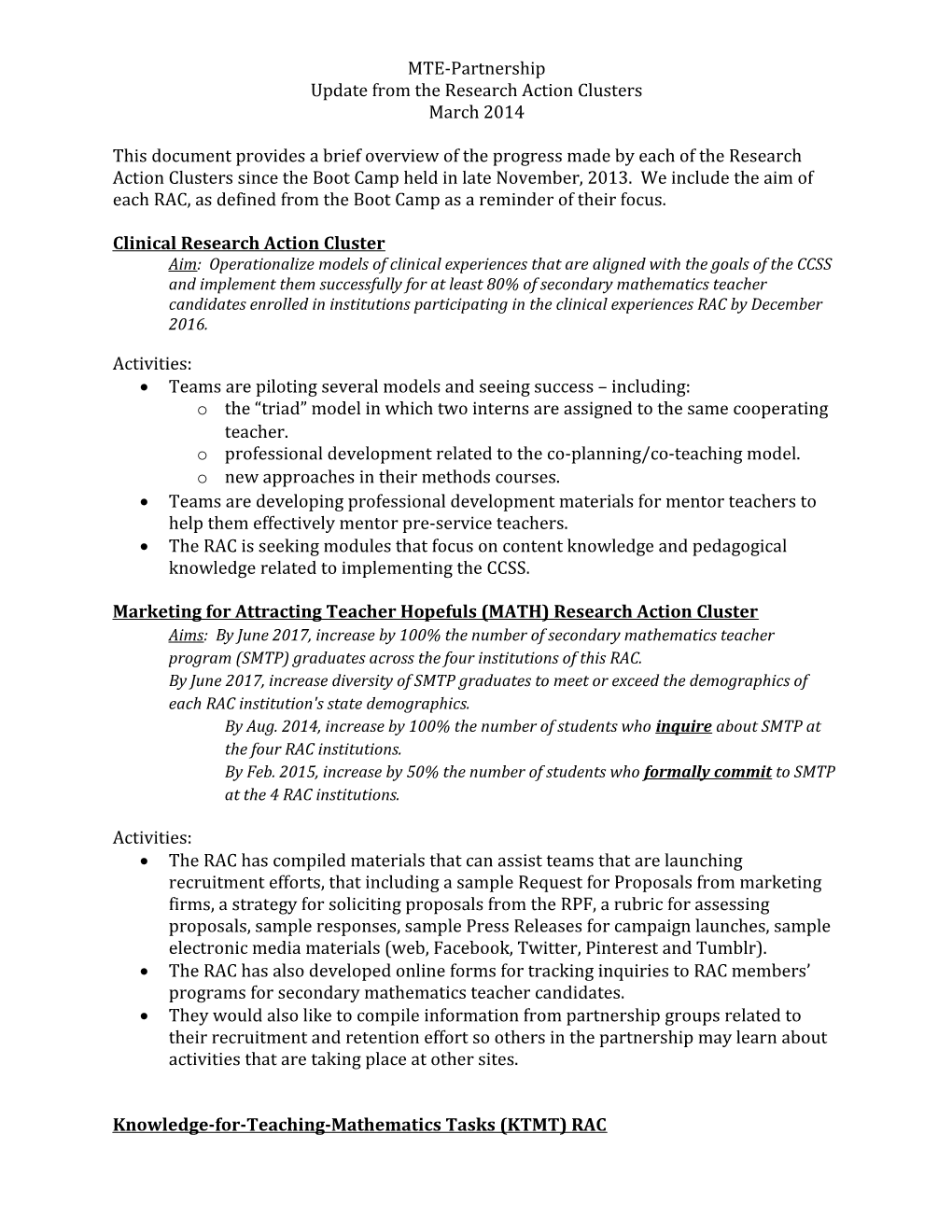 Update from the Research Action Clusters