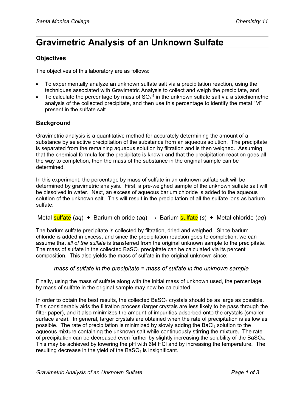 Gravimetric Analysis of an Unknown Sulfate