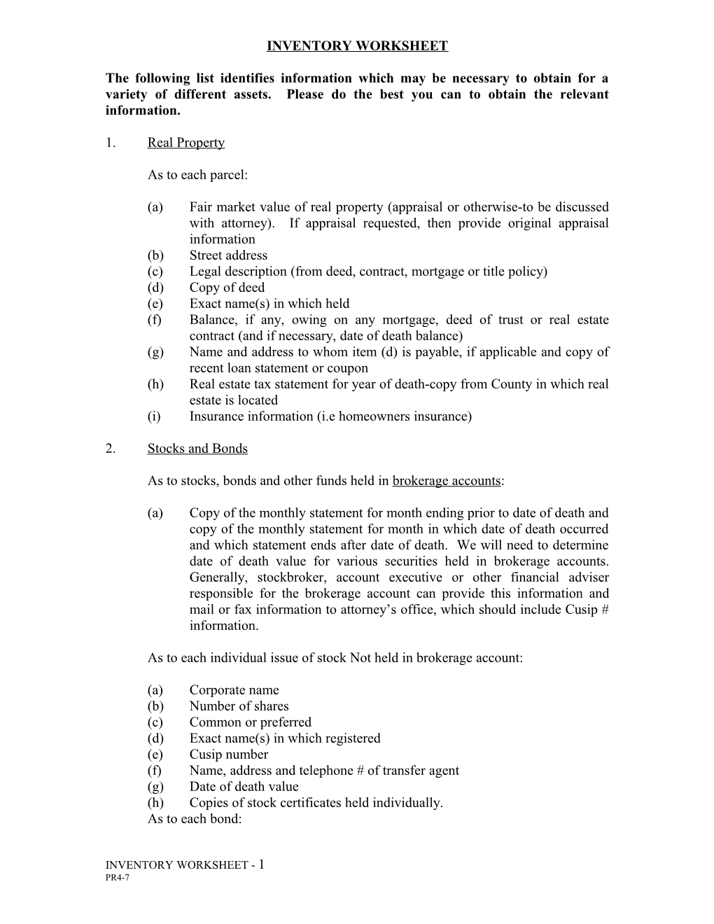 Inventory Worksheet