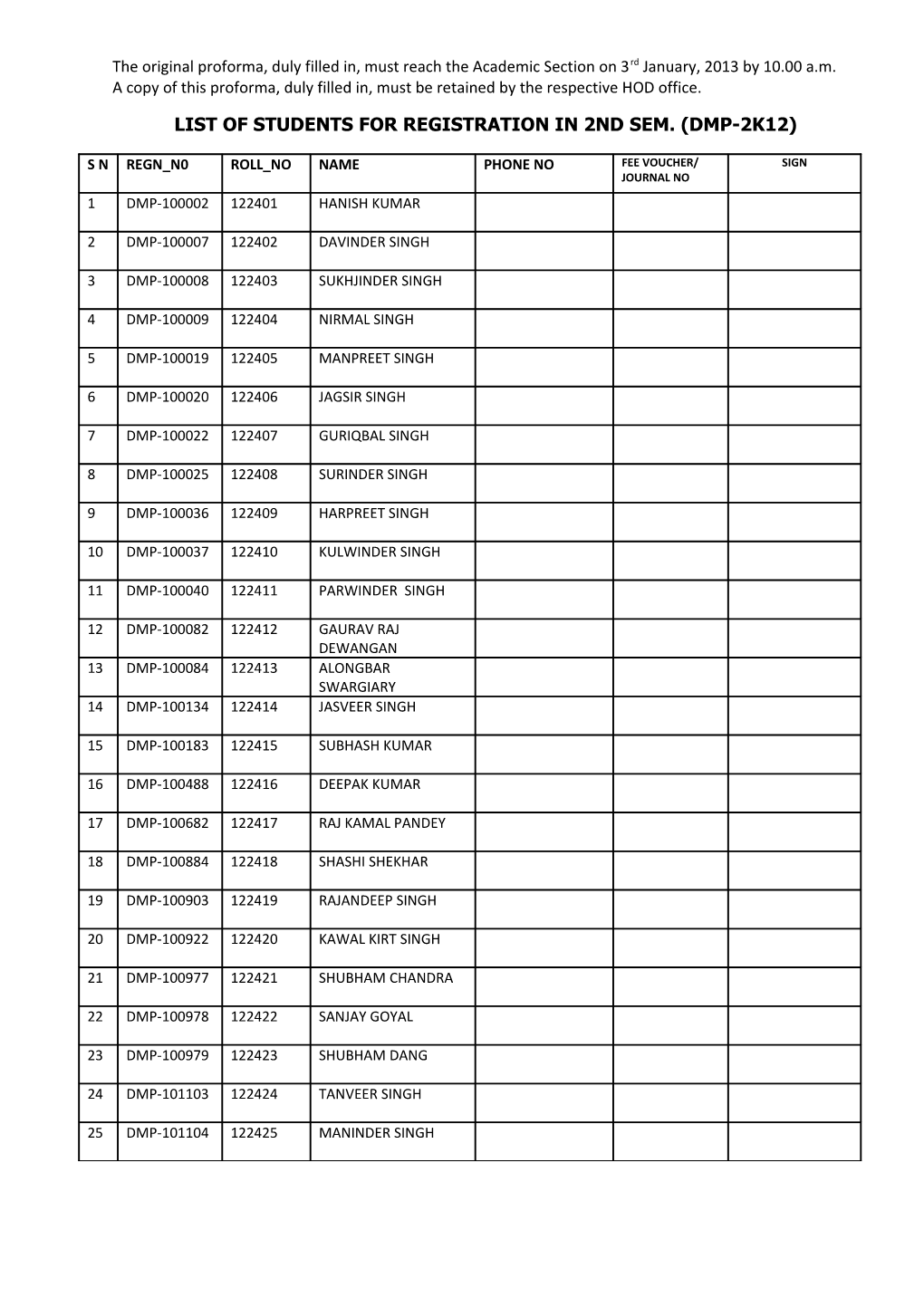 List of Students for Registration in 2Nd Sem.(Dmp-2K12)