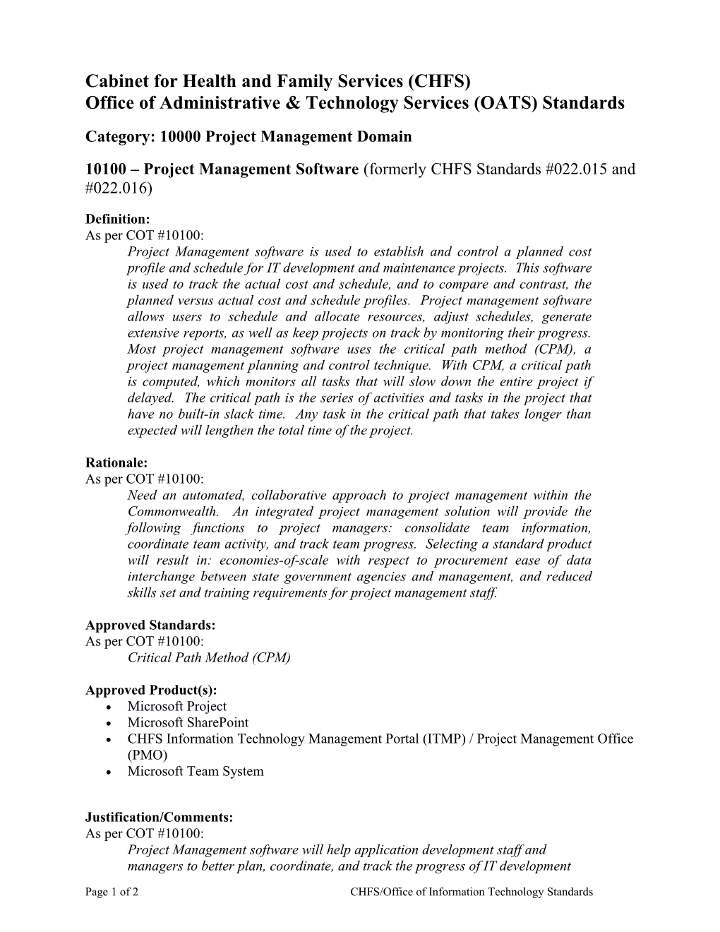 10100 - Project Management Software Standards