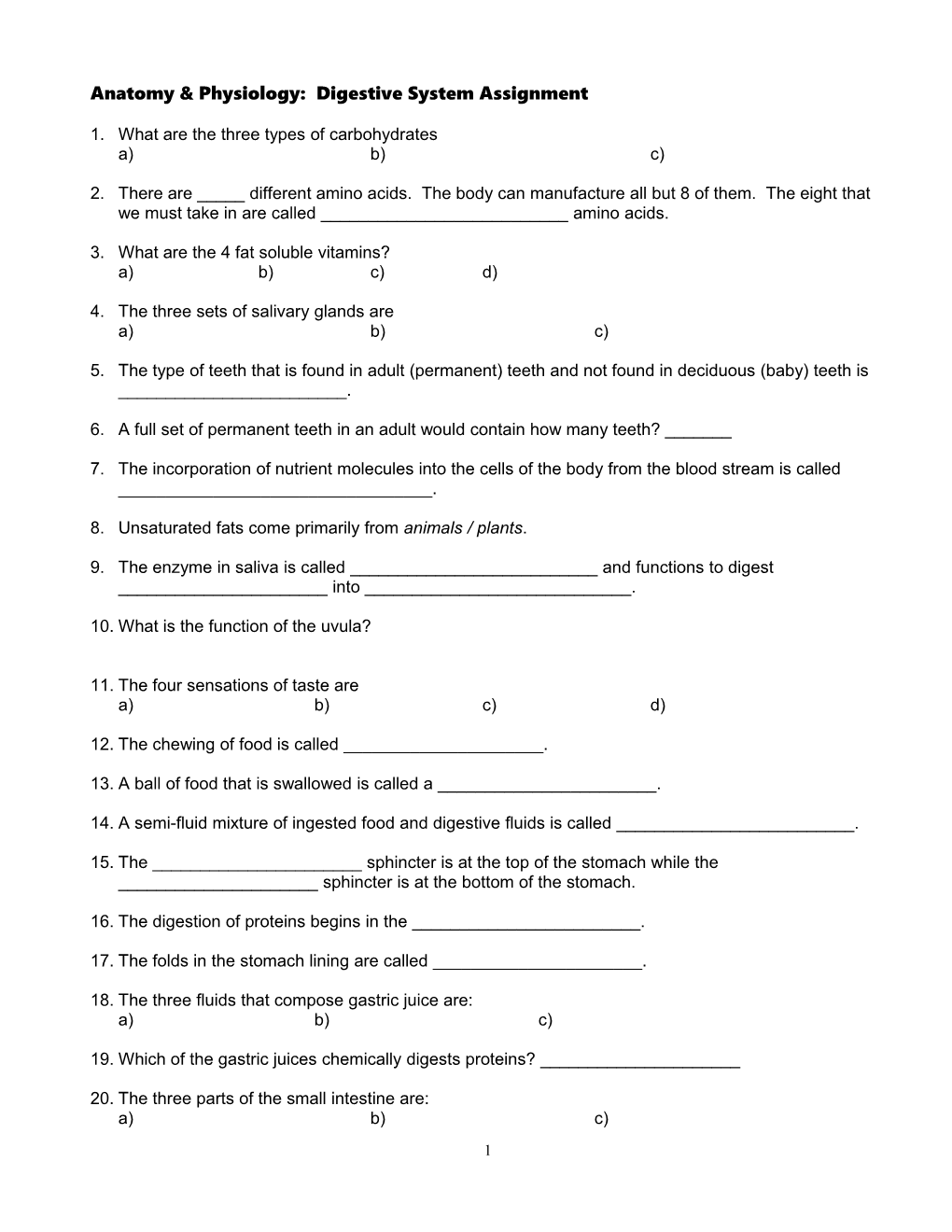 Anatomy & Physiology: Digestive System Assignment