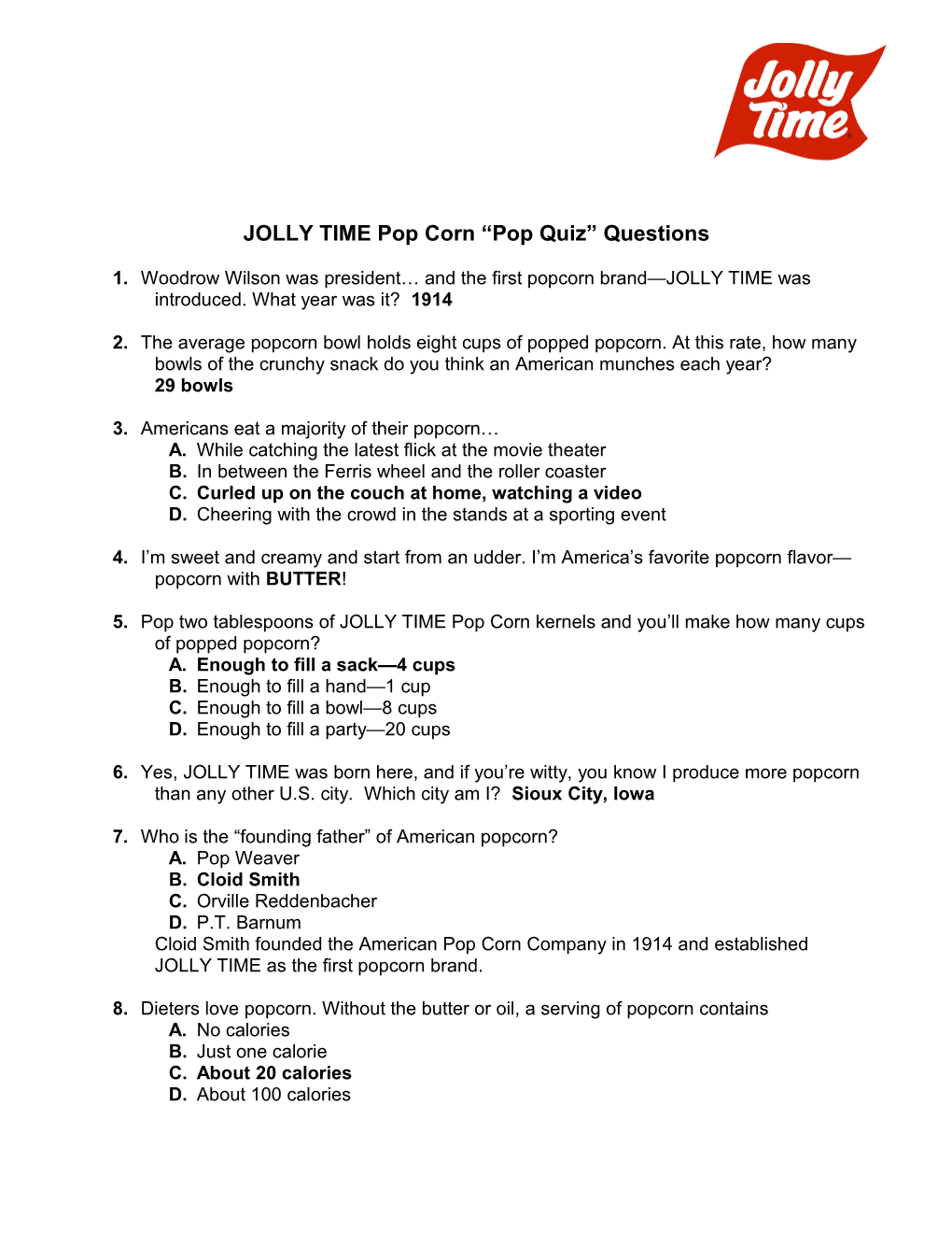 JOLLY TIME Pop Corn Pop Quiz Questions