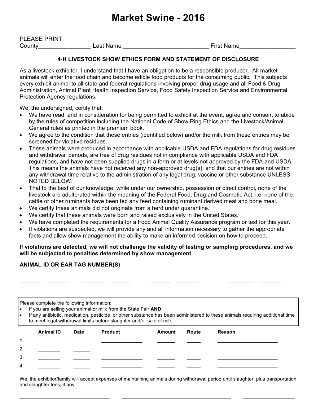 4-H Livestock Show Ethics Form and Statement of Disclosure
