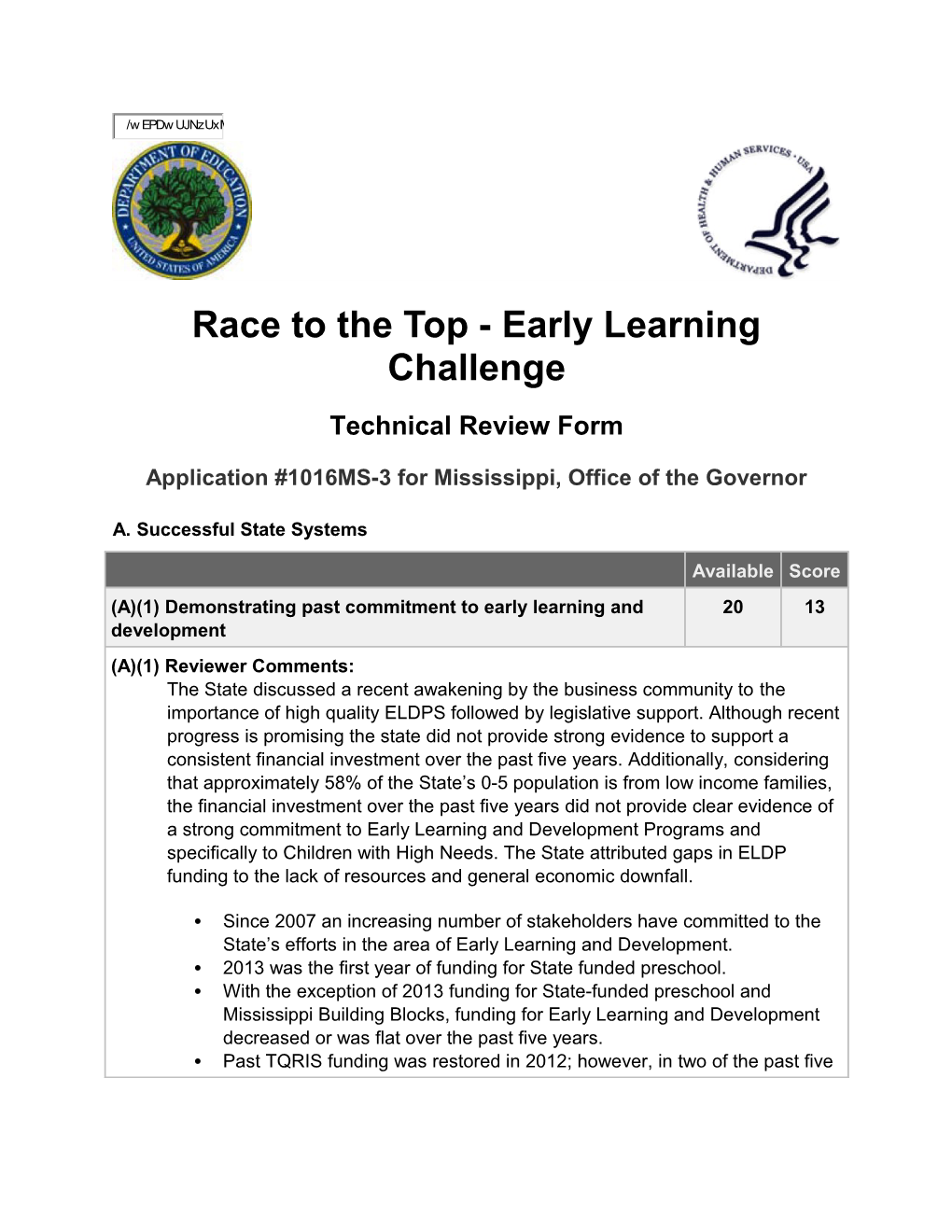 Mississippi: Reviewers' Comments and Scores for Phase 3, Race to the Top-Early Learning