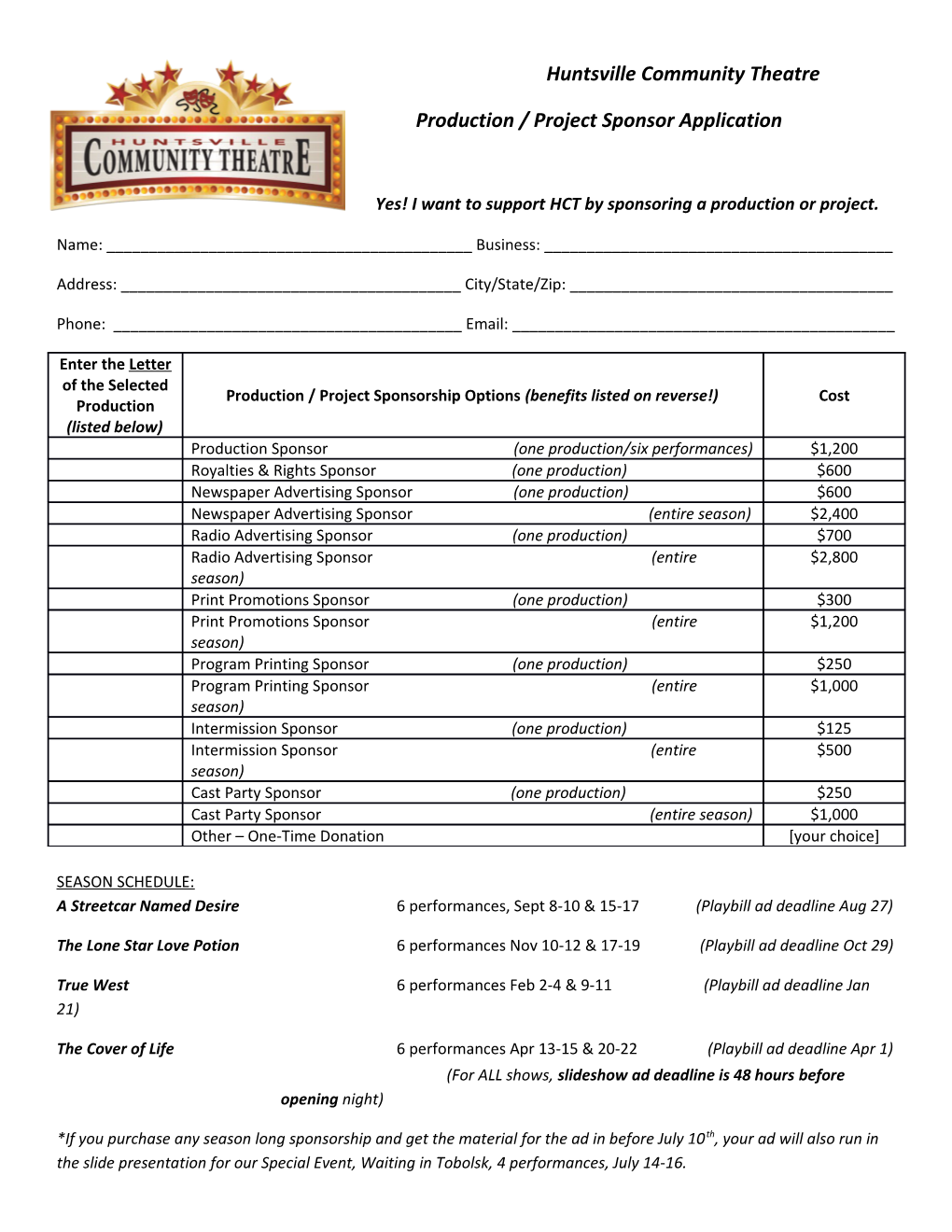 Production / Project Sponsor Application