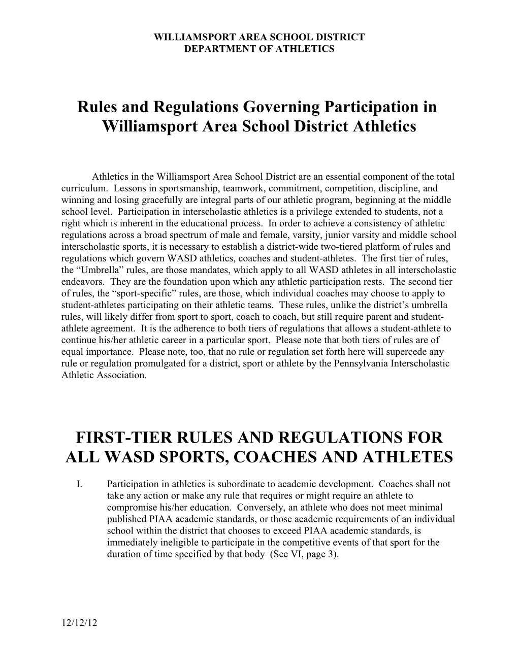 Williamsport Area School District Rules & Regulations for Interscholastic Athletics