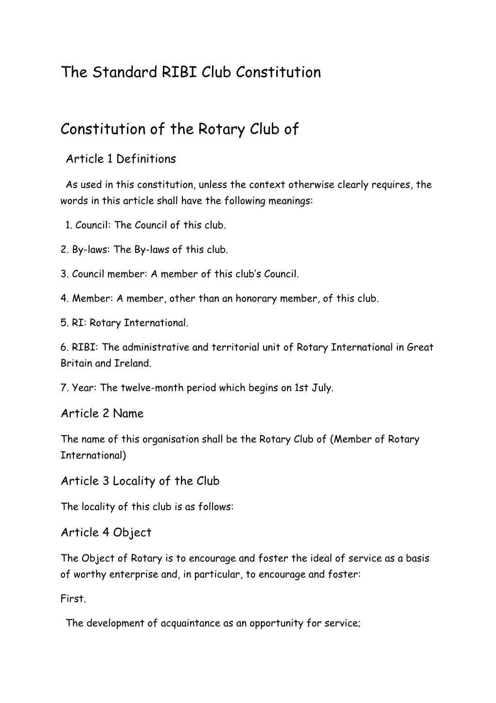 The Standard RIBI Club Constitution