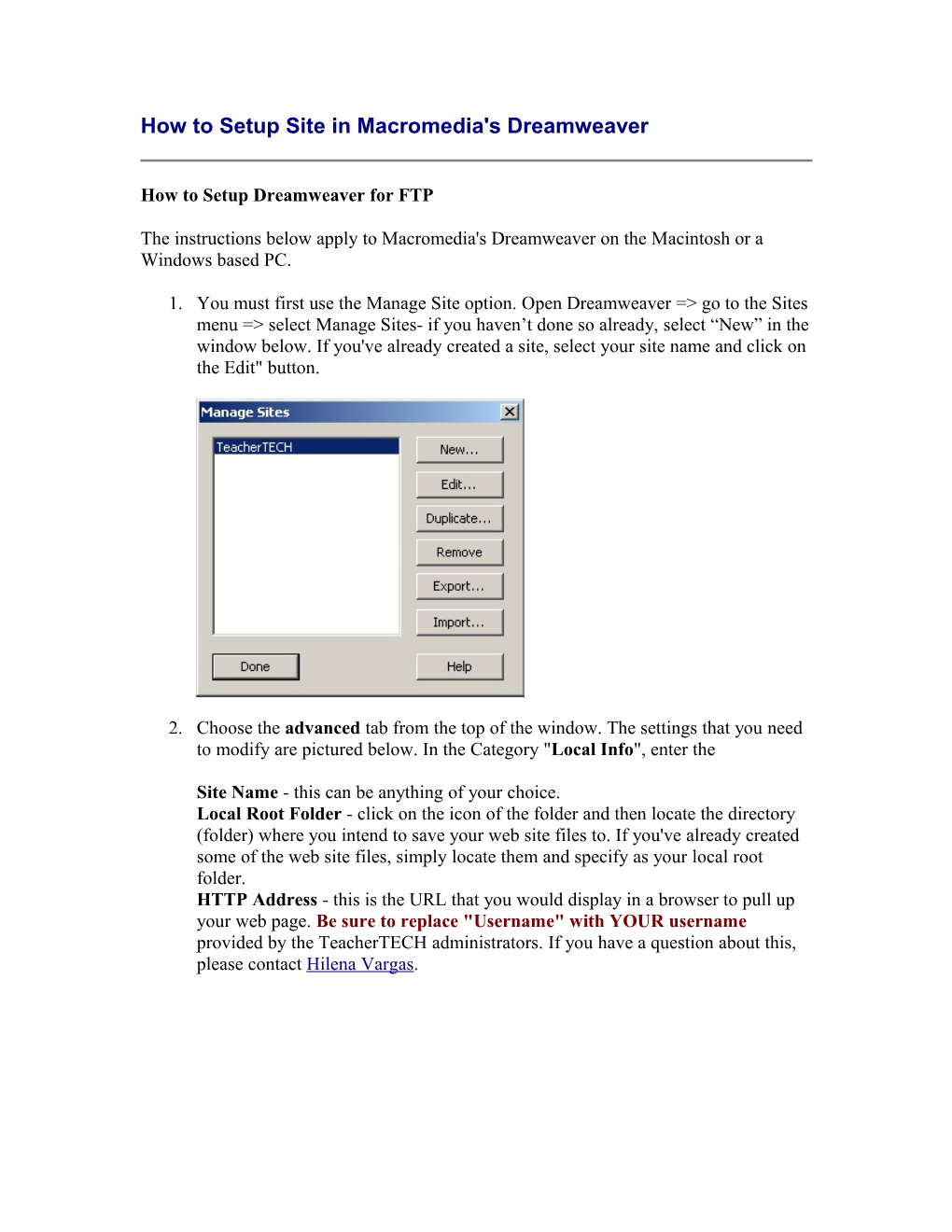 How to Setup Site in Macromedia's Dreamweaver 2005