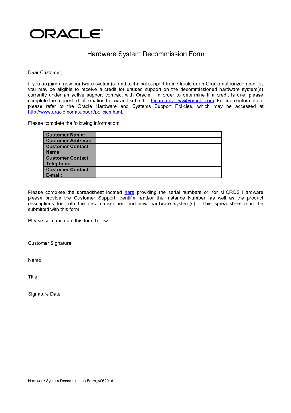 Hardware System Decommission Form