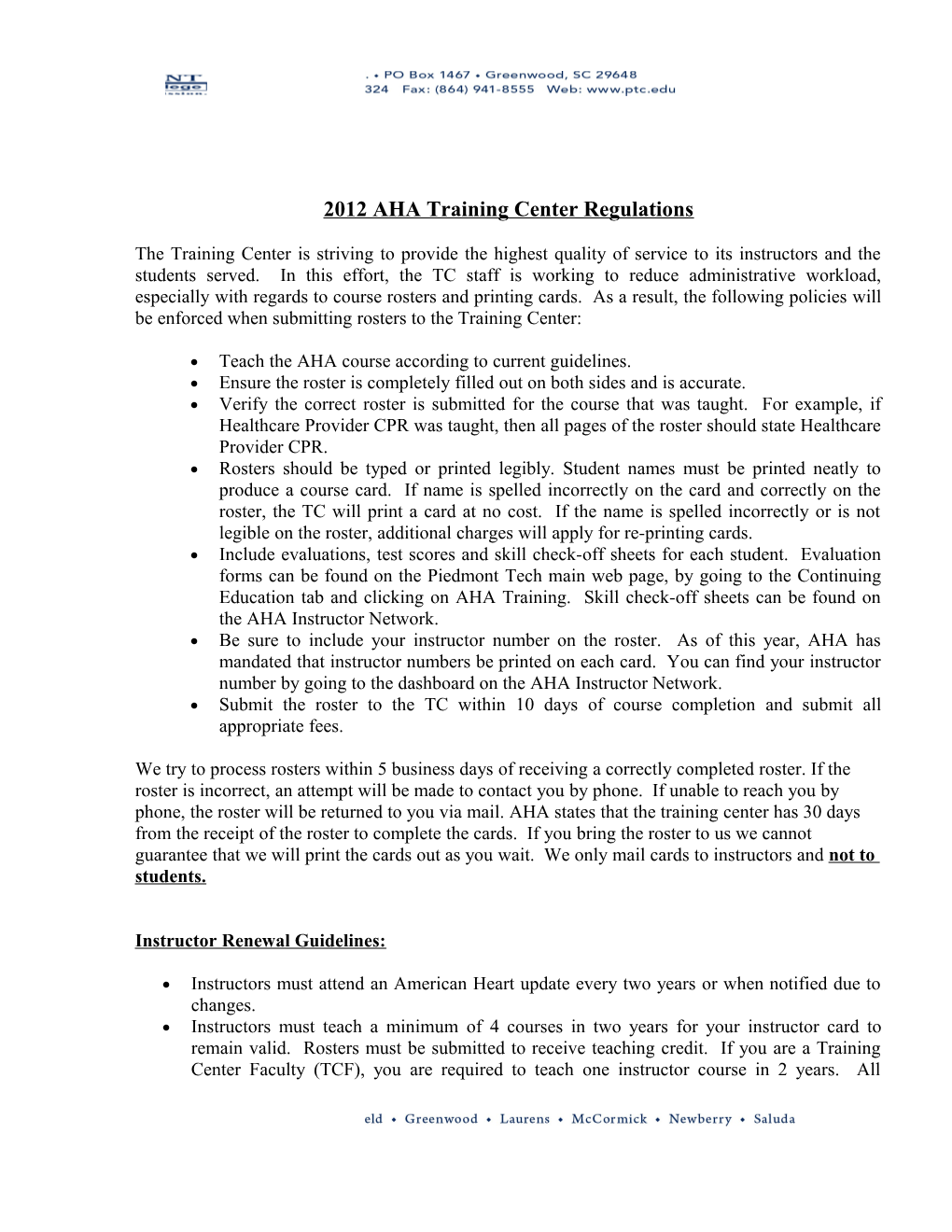 2012 AHA Training Center Regulations