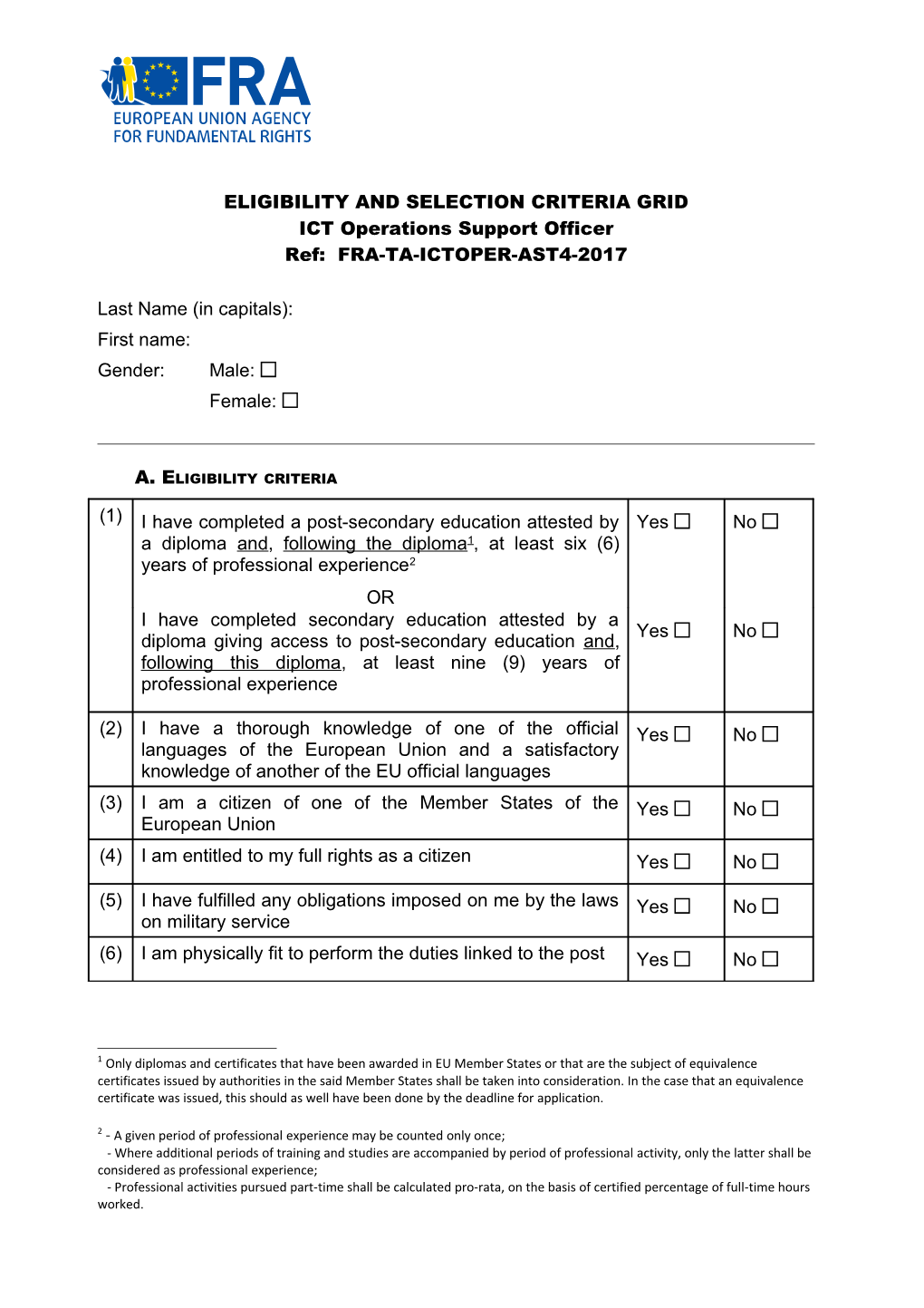 Eligibility and Selection Criteria Grid