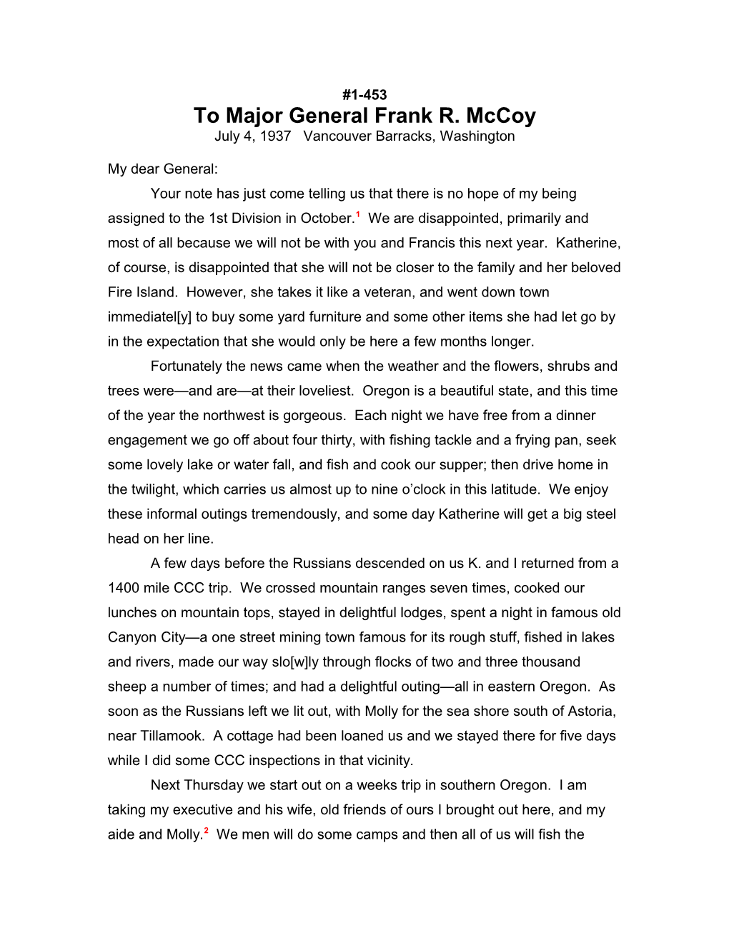 To Major General Frank R. Mccoy