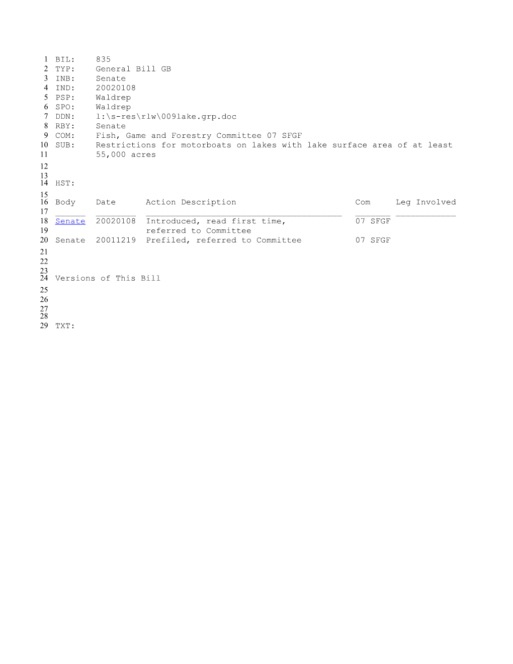 2001-2002 Bill 835: Restrictions for Motorboats on Lakes with Lake Surface Area of at Least