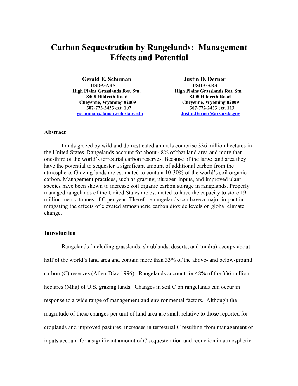 Carbon Sequestration By Rangelands: Management Effects And Potential