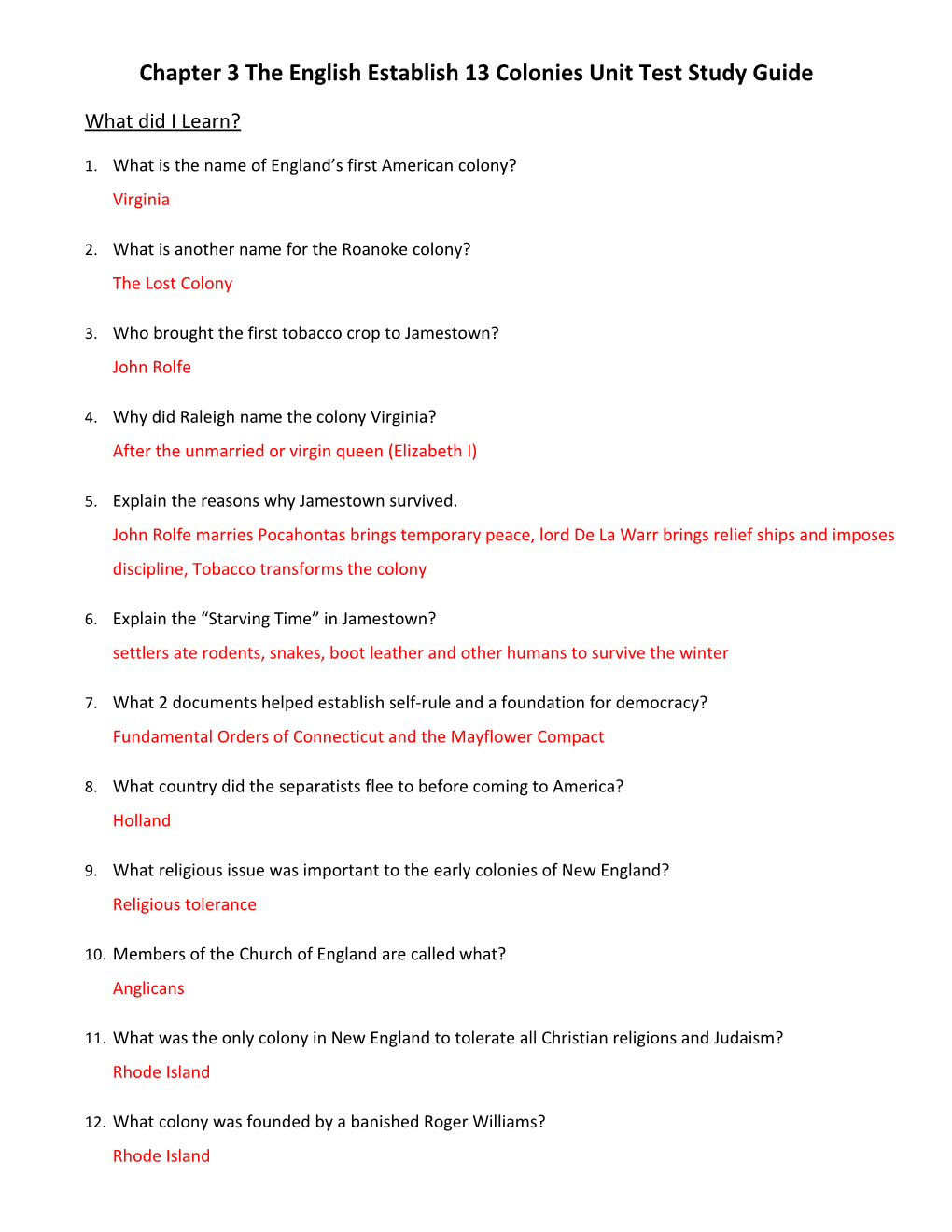 Chapter 3 the English Establish 13 Colonies Unit Test Study Guide